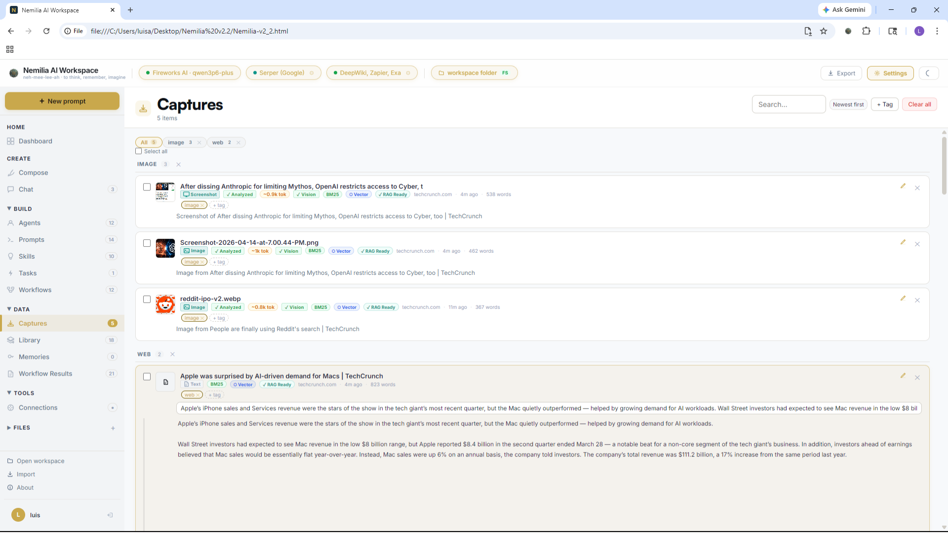 Nemilia Captures inbox — tagged items with triage actions