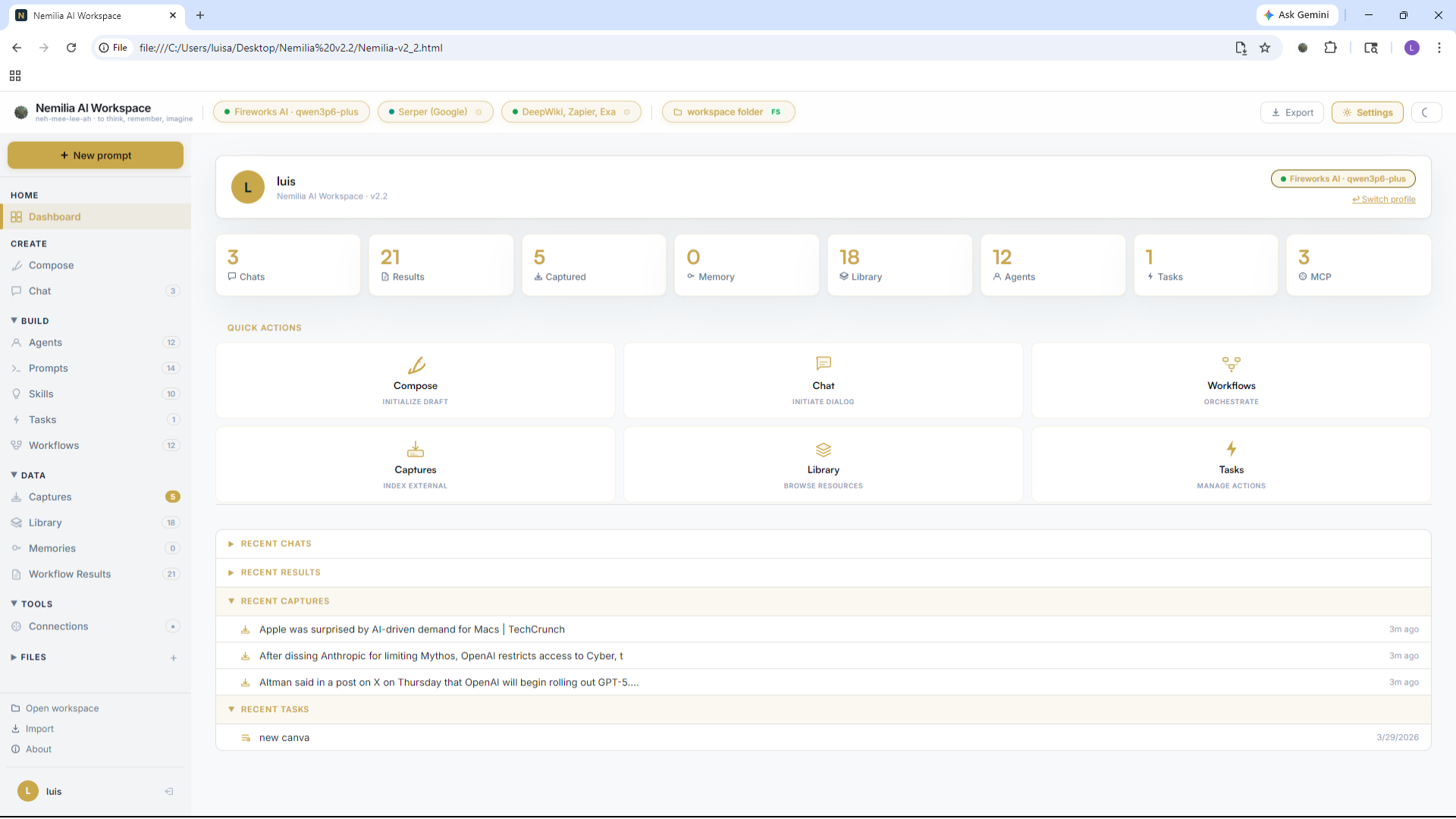 Nemilia AI workspace — Compose view with multi-agent workflow